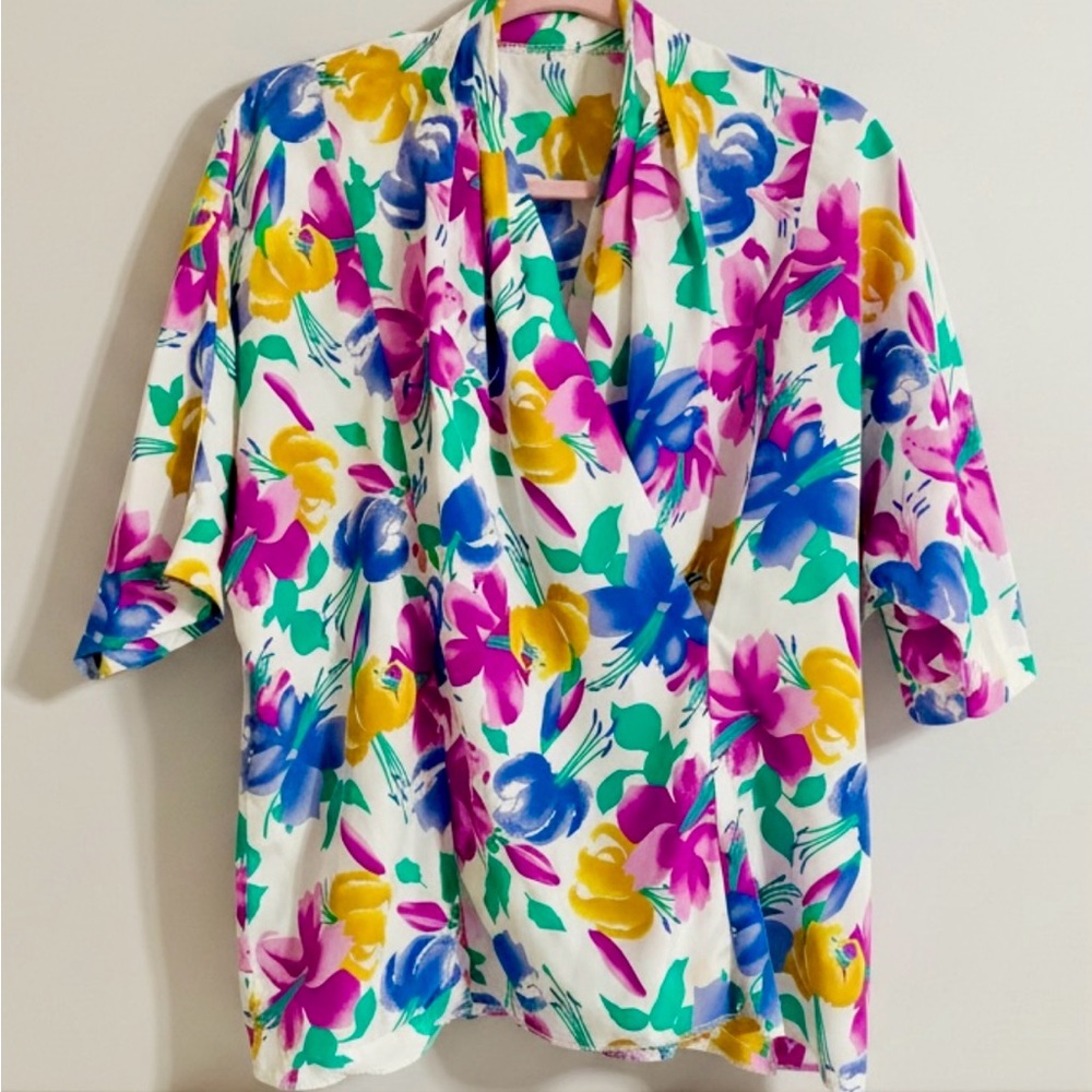 Vintage Art To Wear Faux Wrap Blouse Size XL Watercolor Bold Color Statement top